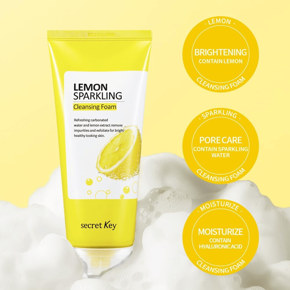 Secret Key Lemon Sparkling Cleansing Foam – lavado facial espumoso que limpia poros, hidrata con ácido hialurónico e ilumina la piel.