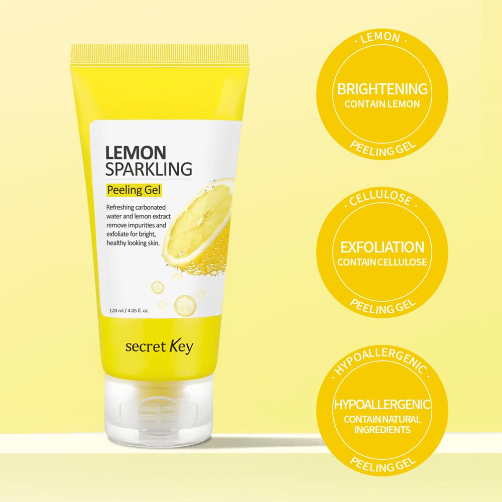 Secret Key Lemon Sparkling Peeling Gel – contiene limón y celulosa para exfoliar, dar brillo y suavizar la piel, suave para pieles sensibles.