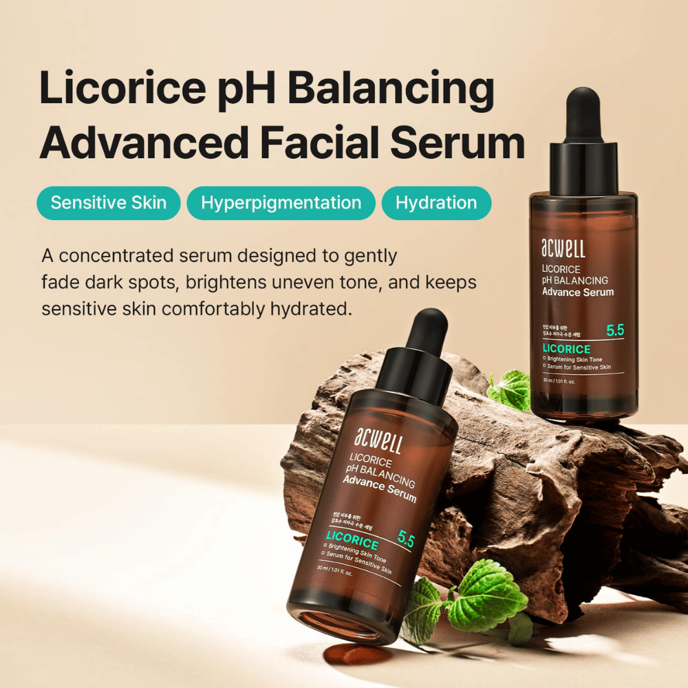 Imagen de marketing para Acwell Licorice pH Balancing Advance Serum con enfoque en piel sensible, hiperpigmentación e hidratación.