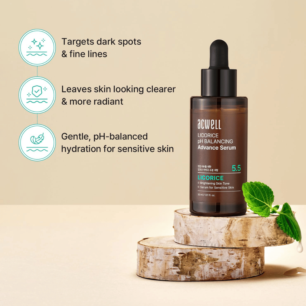 Imagen de producto que describe los beneficios del sérum para manchas oscuras, líneas finas y piel sensible con hidratación de pH equilibrado.