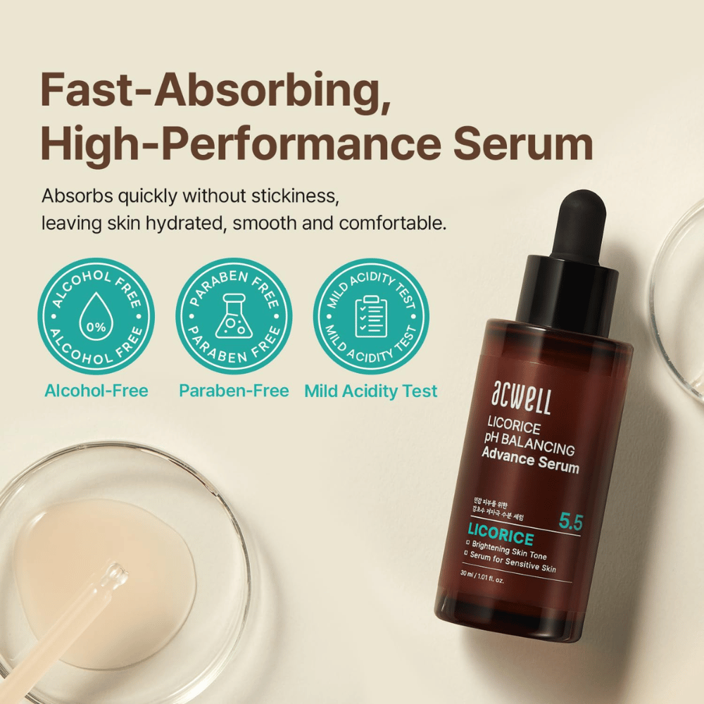 Imagen informativa que destaca la fórmula de rápida absorción del sérum, así como que es libre de alcohol, libre de parabenos y con pH probado para piel sensible.