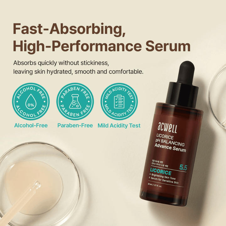 Imagen informativa que destaca la fórmula de rápida absorción del sérum, así como que es libre de alcohol, libre de parabenos y con pH probado para piel sensible.