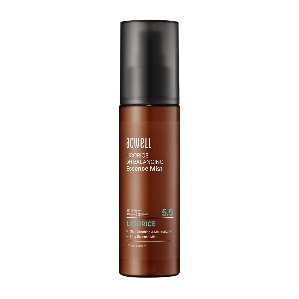 Imagen del producto de Acwell Licorice pH Balancing Essence Mist en un frasco pulverizador marrón. Essence mist hidratante con extracto de regaliz y pH 5,5 que equilibra la piel y ayuda a calmarla y refrescarla.