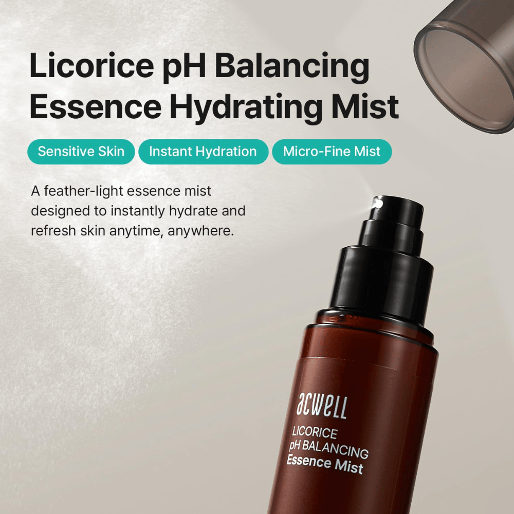 Acwell Licorice pH Balancing Essence Mist con enfoque en la piel sensible, la hidratación intensa y la tecnología de pulverización microfina. Essence mist refrescante que hidrata la piel en cualquier momento del día.