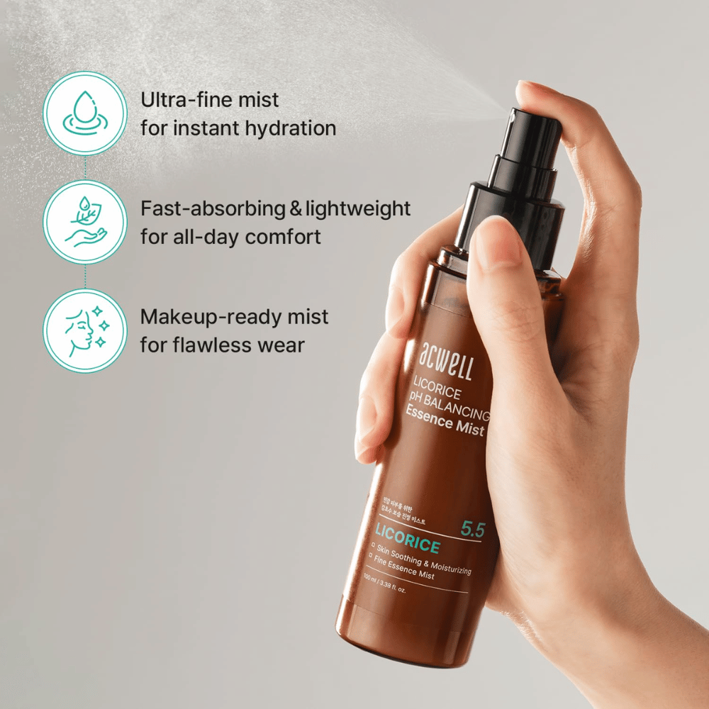 Acwell Licorice pH Balancing Essence Mist se aplica con una niebla finamente pulverizada. Fórmula ligera que se absorbe rápidamente, aporta hidratación inmediata y funciona tanto con como sin maquillaje.