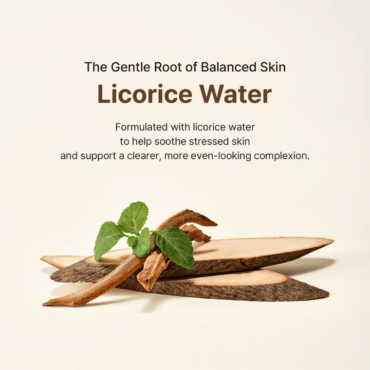 La raíz de regaliz y las hojas verdes ilustran el ingrediente principal de Acwell Licorice pH Balancing Essence Mist. El agua de regaliz ayuda a calmar la piel estresada y a contribuir a un tono de piel más uniforme.