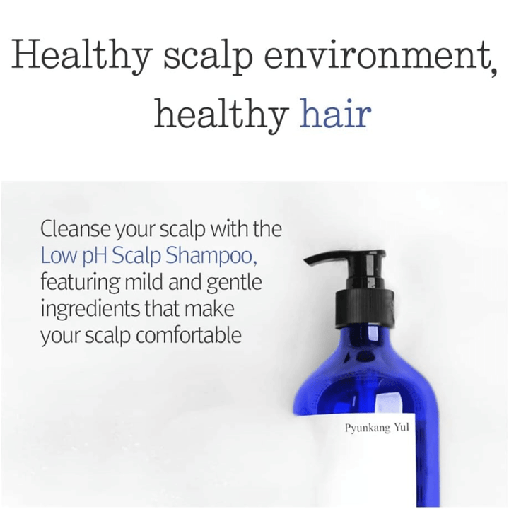 Imagen informativa que destaca Pyunkang Yul Low pH Scalp Shampoo y su fórmula suave para un entorno equilibrado y saludable del cuero cabelludo.