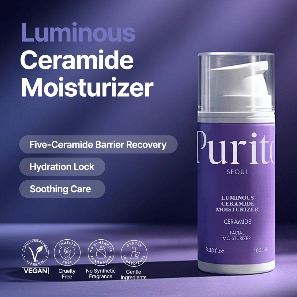 Purito Luminous Ceramide Moisturizer – crema facial coreana con ceramidas que ayuda a reparar la barrera cutánea, retener la humedad y proporcionar una textura de piel más uniforme.