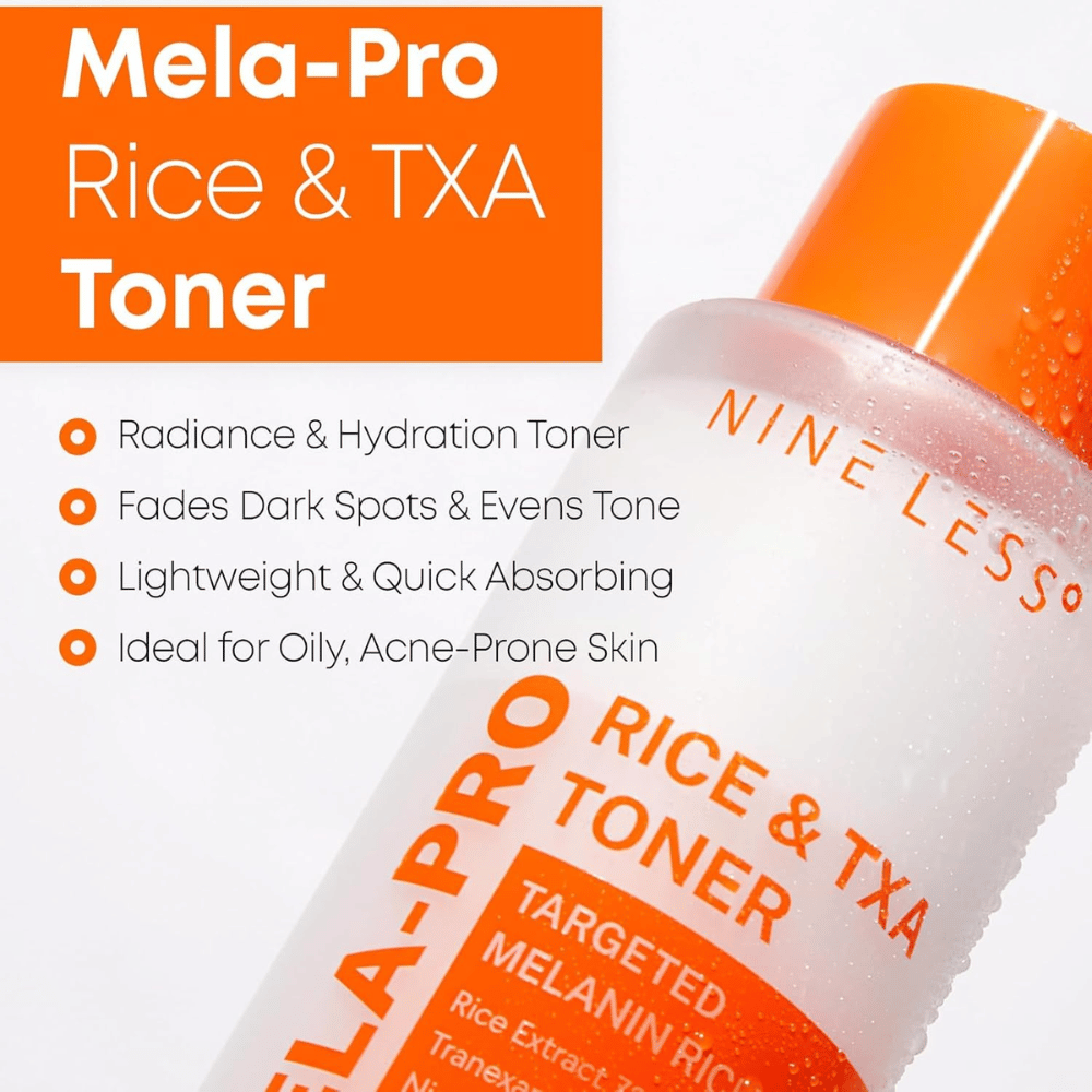 5. NINE LESS MELA-PRO Rice & TXA Toner – tónico facial hidratante que ayuda a reducir la visibilidad de las manchas oscuras y el tono de piel desigual