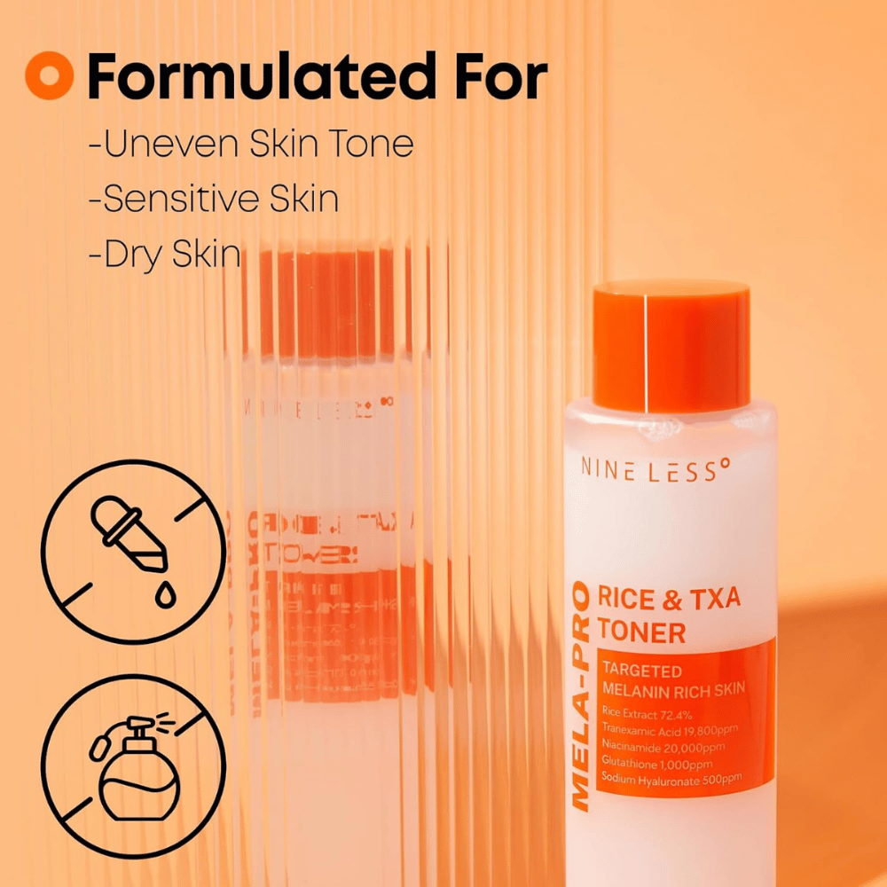 2. NINE LESS MELA-PRO Rice & TXA Toner – tónico facial para tono de piel desigual, piel sensible y seca con extracto de arroz y ácido tranexámico
