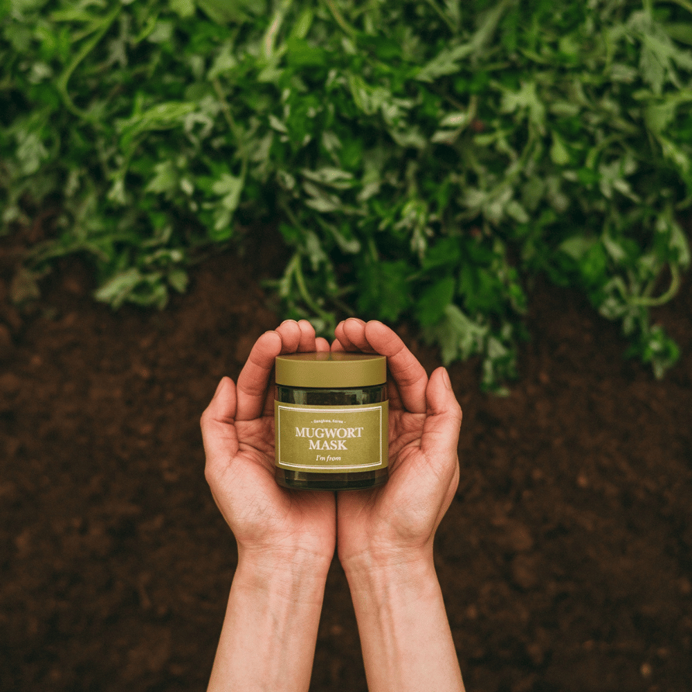 Manos sosteniendo I'm From Mugwort Mask contra un fondo de tierra y hierbas verdes frescas, resaltando los ingredientes naturales del producto.