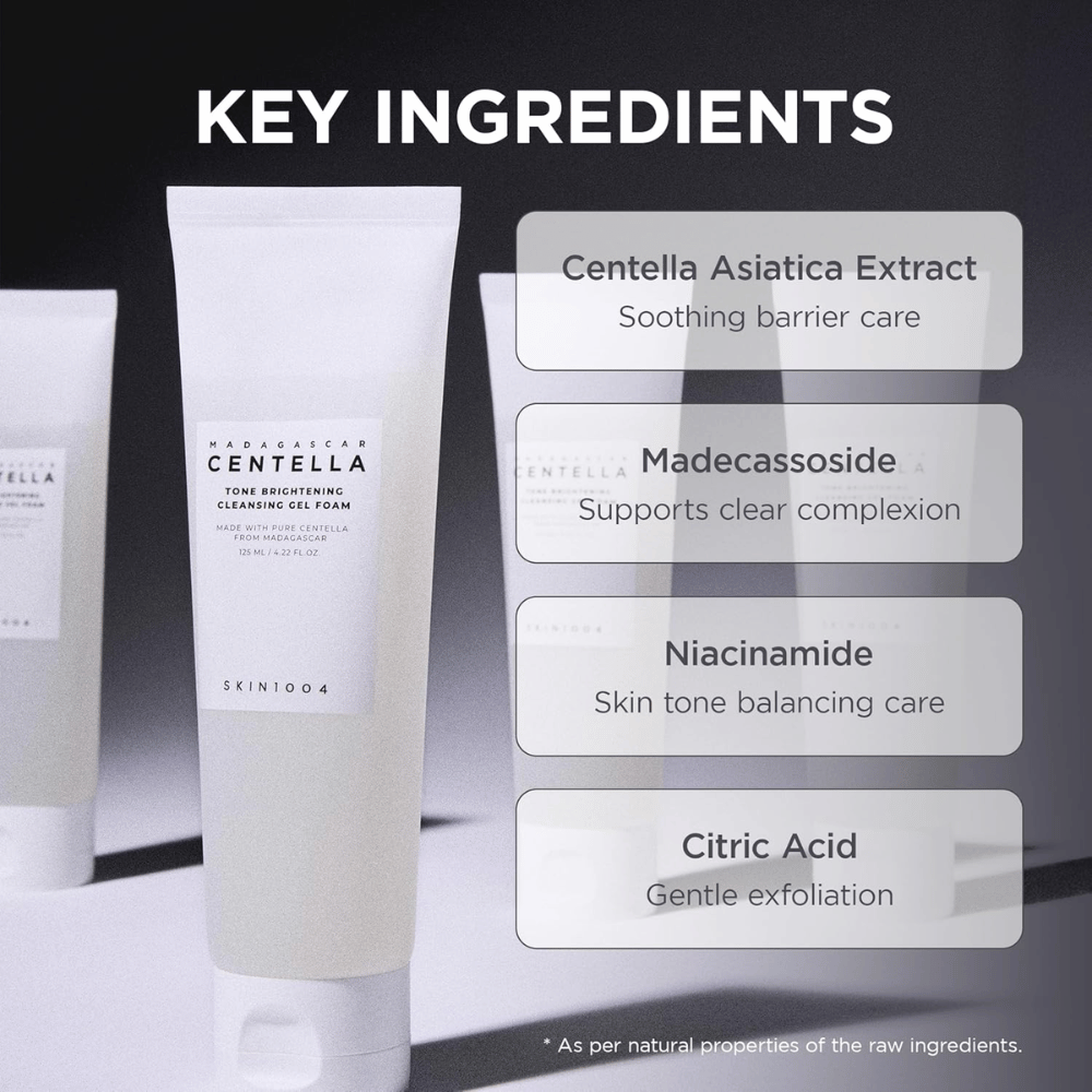 Imagen que destaca los ingredientes clave del producto y sus funciones. Los ingredientes se presentan en un diseño claro y moderno con enfoque en propiedades calmantes y de cuidado de la piel.