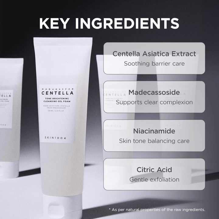 Imagen que destaca los ingredientes clave del producto y sus funciones. Los ingredientes se presentan en un diseño claro y moderno con enfoque en propiedades calmantes y de cuidado de la piel.