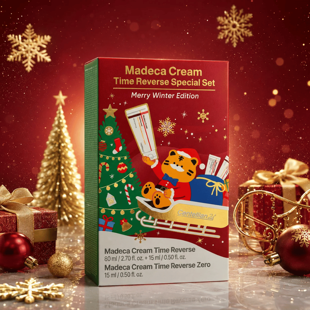 3. Centellian24 Madeca Cream Time Reverse Special Set Merry Winter Edition – embalaje navideño con árbol de Navidad, regalos de Navidad y detalles dorados