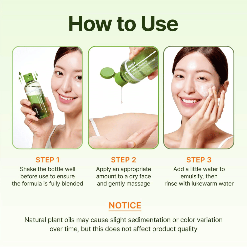 Centellian24 Madeca Matcha Pore Cleansing Oil guía de uso para la limpieza de la piel