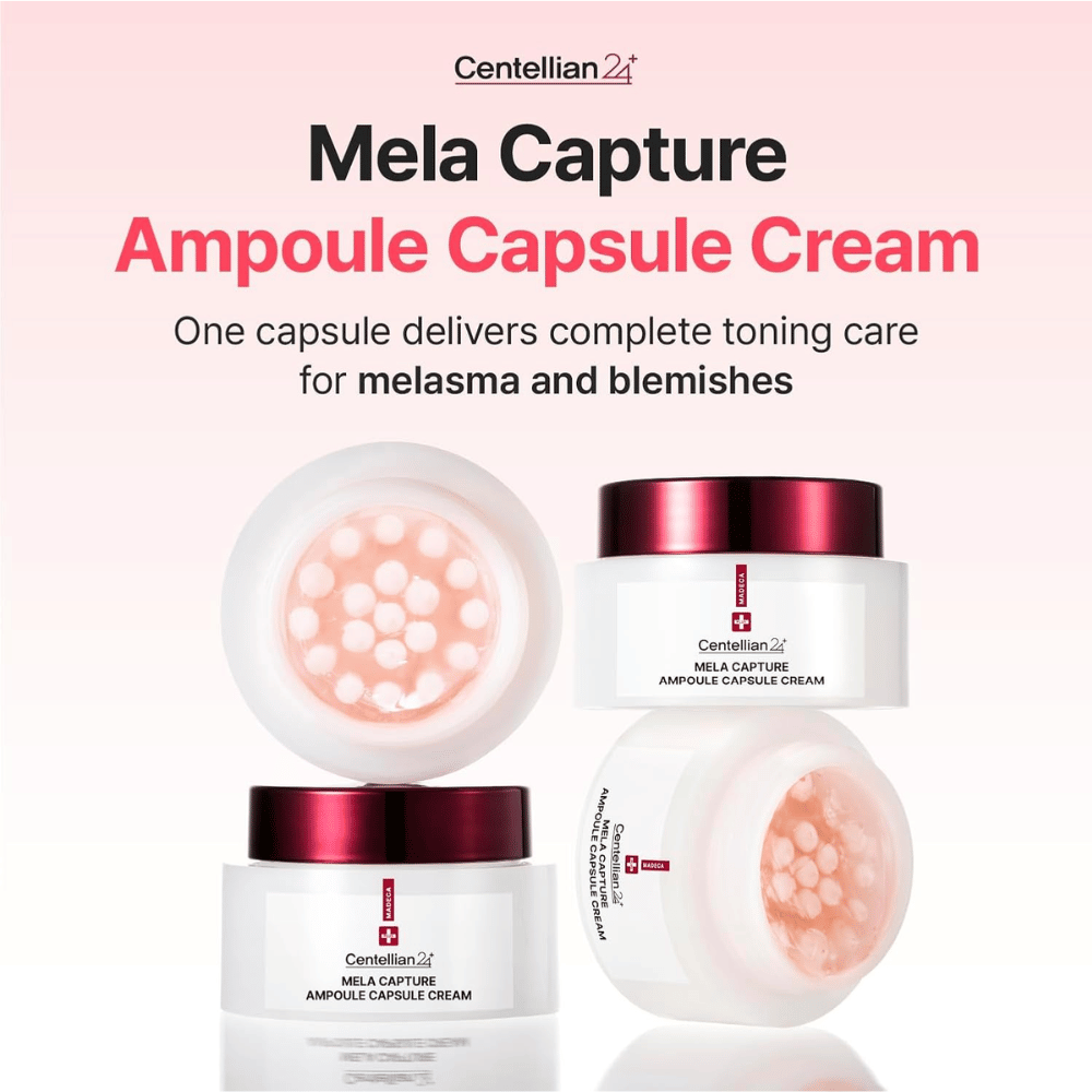 Imagen del producto de Centellian24 Madeca Mela Capture Ampoule Capsule Cream con enfoque en las cápsulas de ampolla y la fórmula desarrollada para el cuidado del tono de piel desigual y la pigmentación.