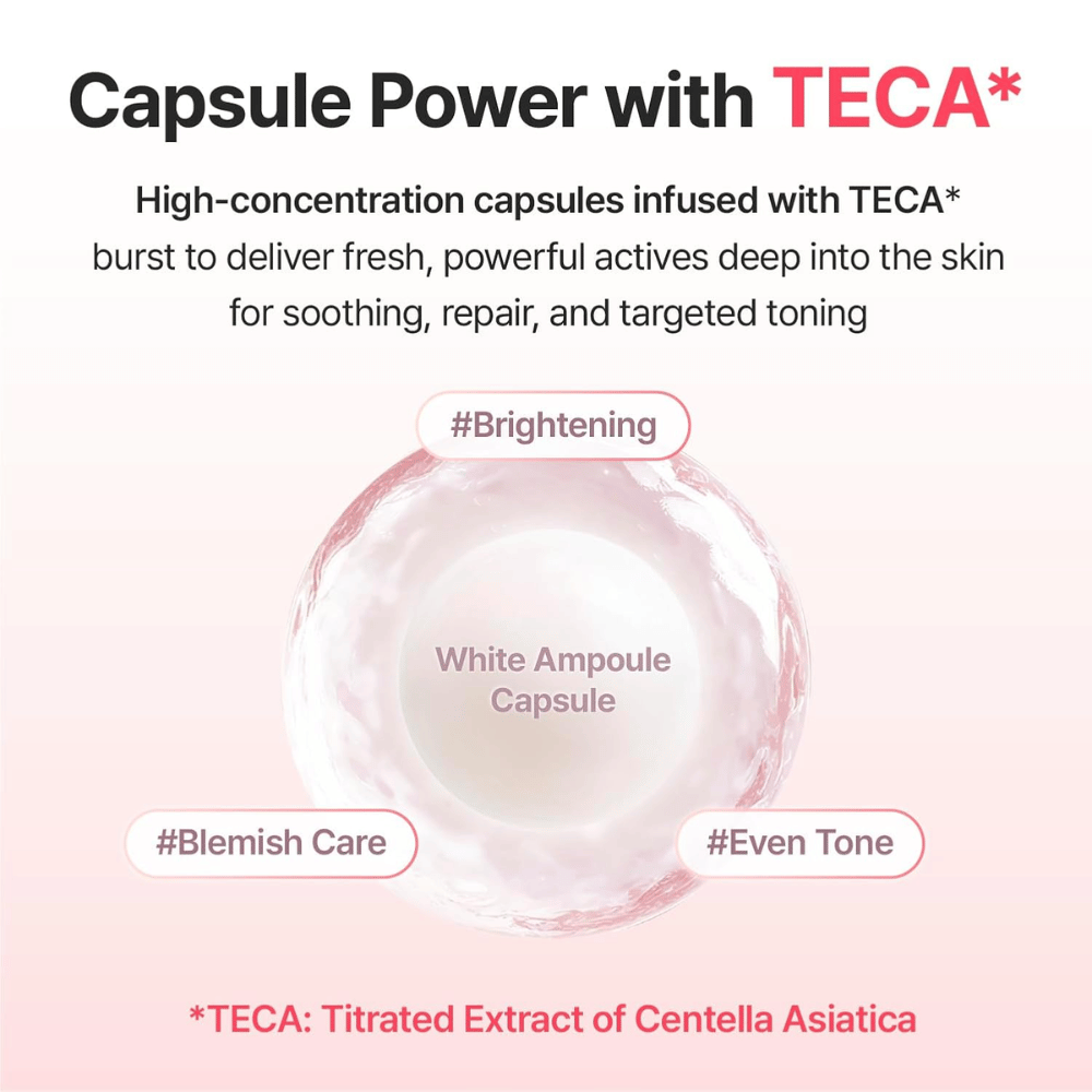 Imagen de ingredientes que muestra cápsulas de ampolla enriquecidas con TECA (extracto de Centella Asiatica) para ayudar a aportar luminosidad, un tono de piel más uniforme y el cuidado de las manchas de pigmentación.