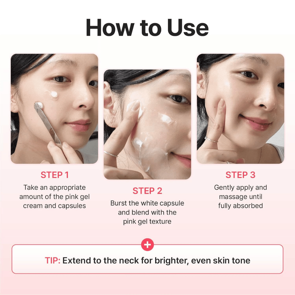 Guía paso a paso que muestra cómo se aplica Centellian24 Madeca Mela Capture Ampoule Capsule Cream mezclando las cápsulas con la crema en gel y masajeando hasta que el producto se haya absorbido.