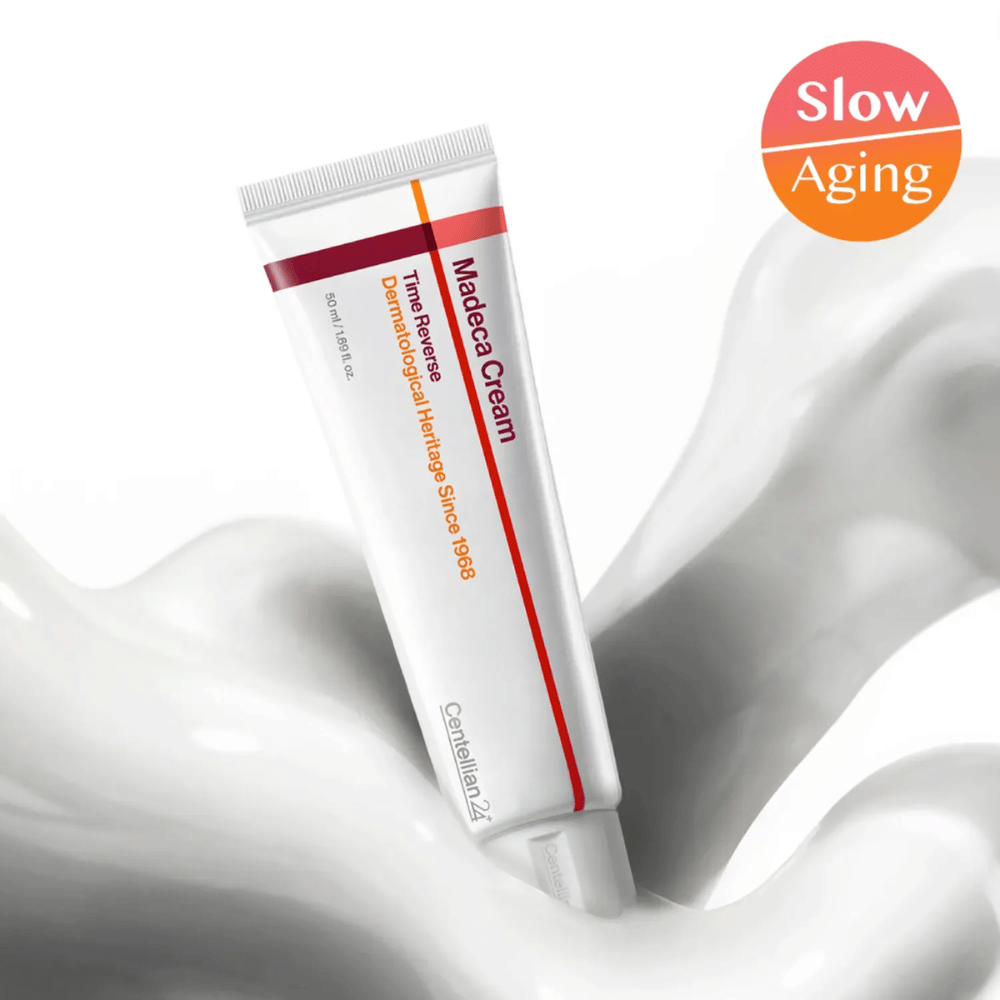 Centellian24 Madeca Cream Time Reverse en textura de crema con mensaje de envejecimiento lento, desarrollada para calmar la piel, reducir la irritación y apoyar el proceso natural de reparación de la piel.
