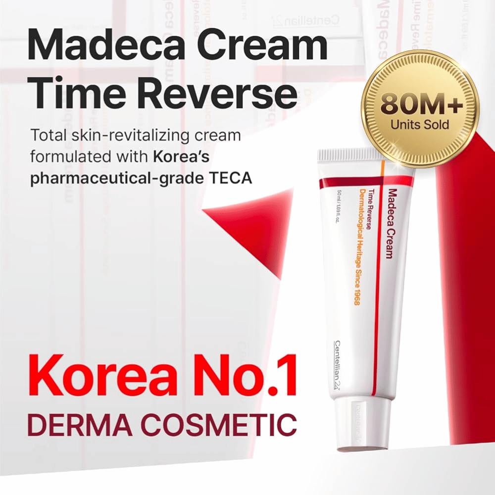 Centellian24 Madeca Cream Time Reverse se presenta como la crema derma líder de Corea con TECA, más de 80 millones de unidades vendidas y enfoque en la renovación de la piel y el fortalecimiento de la barrera.