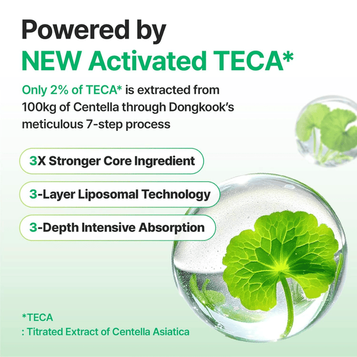 Gráfico que explica Activated TECA de Centella Asiatica en Centellian24 Madeca Cream, con tecnología liposomal que proporciona absorción profunda y fortalece la capacidad reparadora de la piel.