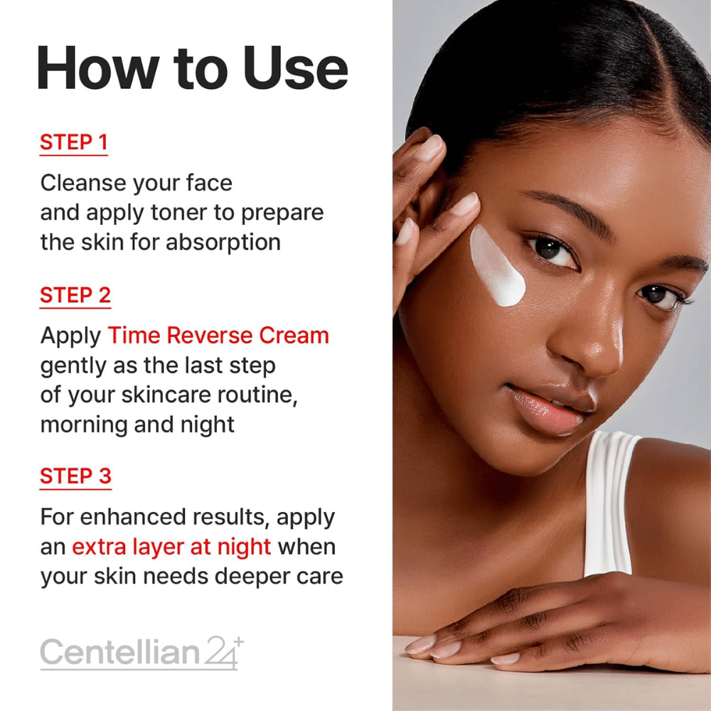 Imagen de instrucciones que muestra cómo se utiliza Centellian24 Madeca Cream Time Reverse en la rutina de cuidado de la piel: se aplica como último paso por la mañana y por la noche para calmar, fortalecer y reparar la piel.