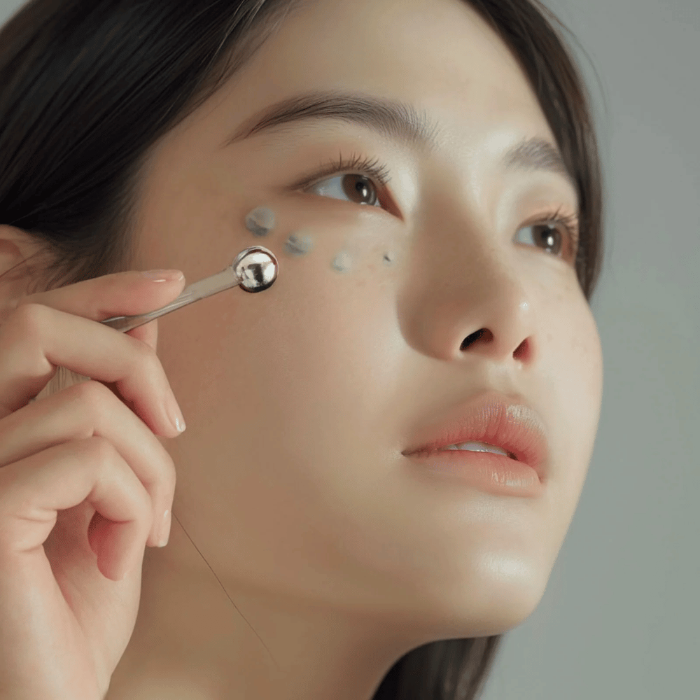 Mujer aplica Heimish Marine Care Algae + Peptide Eye Cream debajo del ojo con un aplicador de metal para un efecto refrescante y frío. La crema ayuda a hidratar y reducir los signos de envejecimiento alrededor de los ojos.