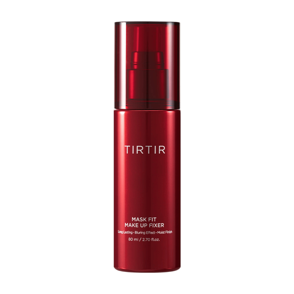 Una botella roja TIRTIR Mask Fit Make Up Fixer sobre fondo blanco, diseñada para fijación de maquillaje de larga duración con efecto difuminado y acabado húmedo.