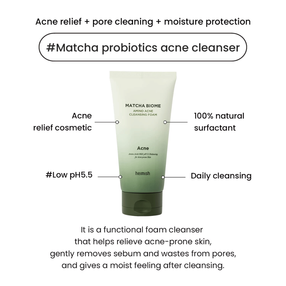 Heimish Matcha Biome Amino Acne Cleansing Foam low pH 5.5 – limpiador de acné que limpia poros, reduce el sebo e hidrata la piel