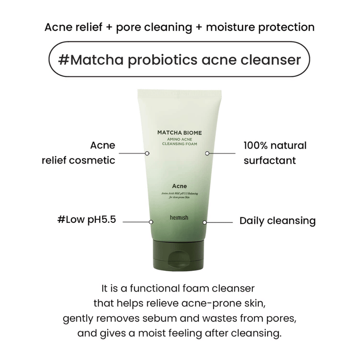 Heimish Matcha Biome Amino Acne Cleansing Foam low pH 5.5 – limpiador de acné que limpia poros, reduce el sebo e hidrata la piel