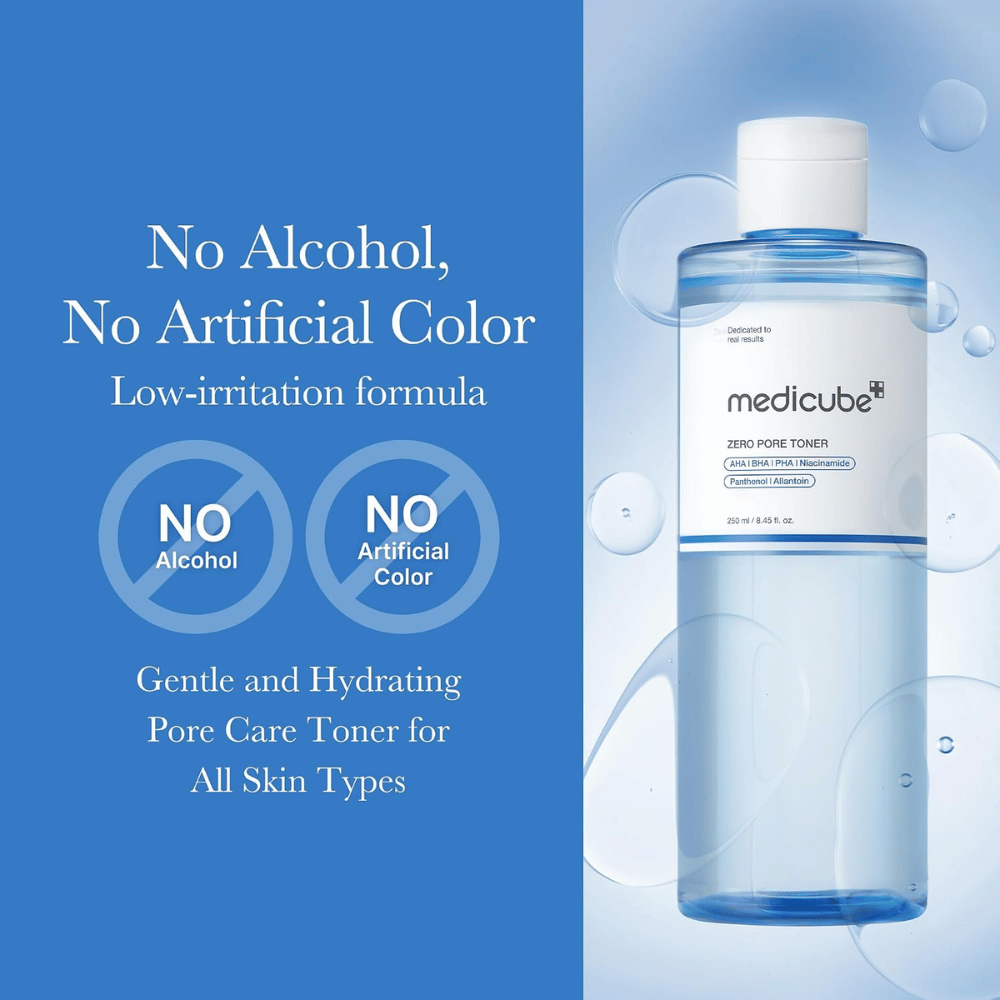 Medicube Zero Pore Toner 250 ml, tónico facial hidratante sin alcohol ni colorantes artificiales. Botella azul con burbujas de agua.