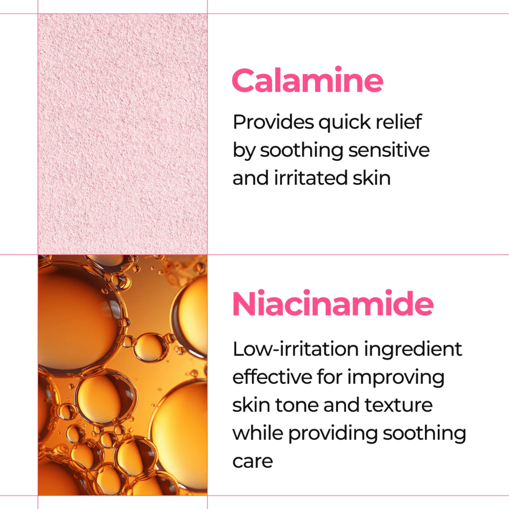 Primer plano de calamina y niacinamida que calman la piel sensible en Dr. Melaxin Melting Cleanser