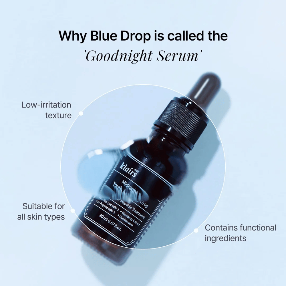 Klairs Midnight Blue Youth Activating Drop, también llamado 'Goodnight Serum', en una elegante botella negra con pipeta. El texto en la imagen enfatiza su textura de baja irritación, ingredientes funcionales y adecuación para todo tipo de piel.