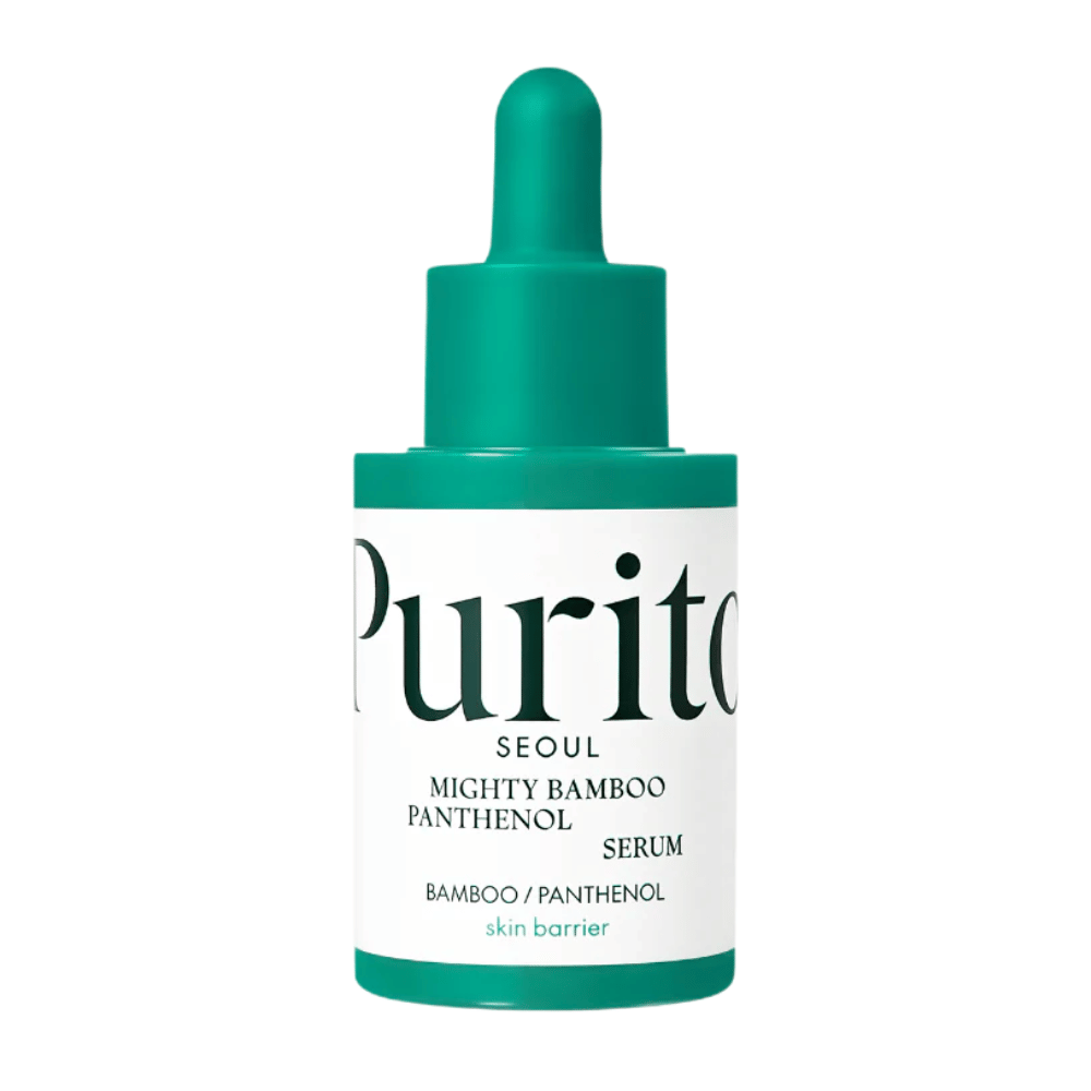 Purito Mighty Bamboo Panthenol Serum – botella verde minimalista con suero nutritivo para piel sensible y seca.