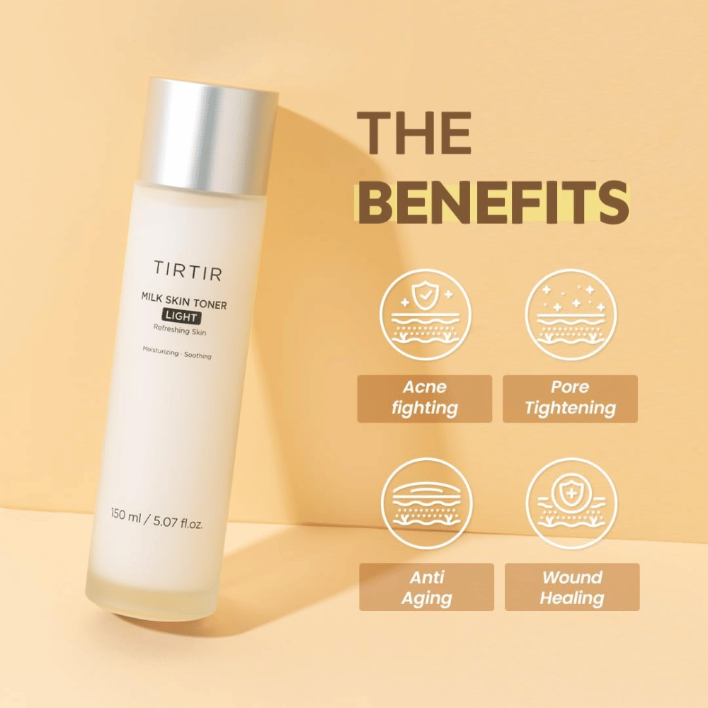 Imagen del producto "TIRTIR Milk Skin Toner Light" sobre un fondo amarillo con el texto "THE BENEFITS". La botella se presenta con iconos que destacan sus propiedades: combate el acné, cierra los poros, anti-envejecimiento y cura heridas.