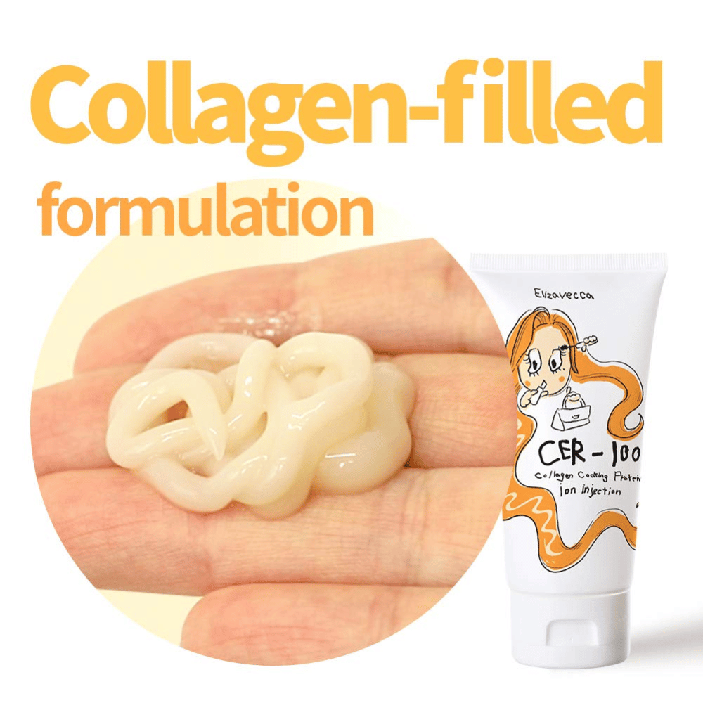 Primer plano del tratamiento capilar cremoso con fórmula de colágeno junto con el tubo del producto de Elizavecca.