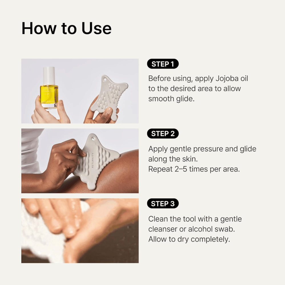 Imagen instructiva que muestra cómo se usa RETURNITY Mini Guasha junto con aceite de jojoba para un masaje suave y la limpieza después del uso.