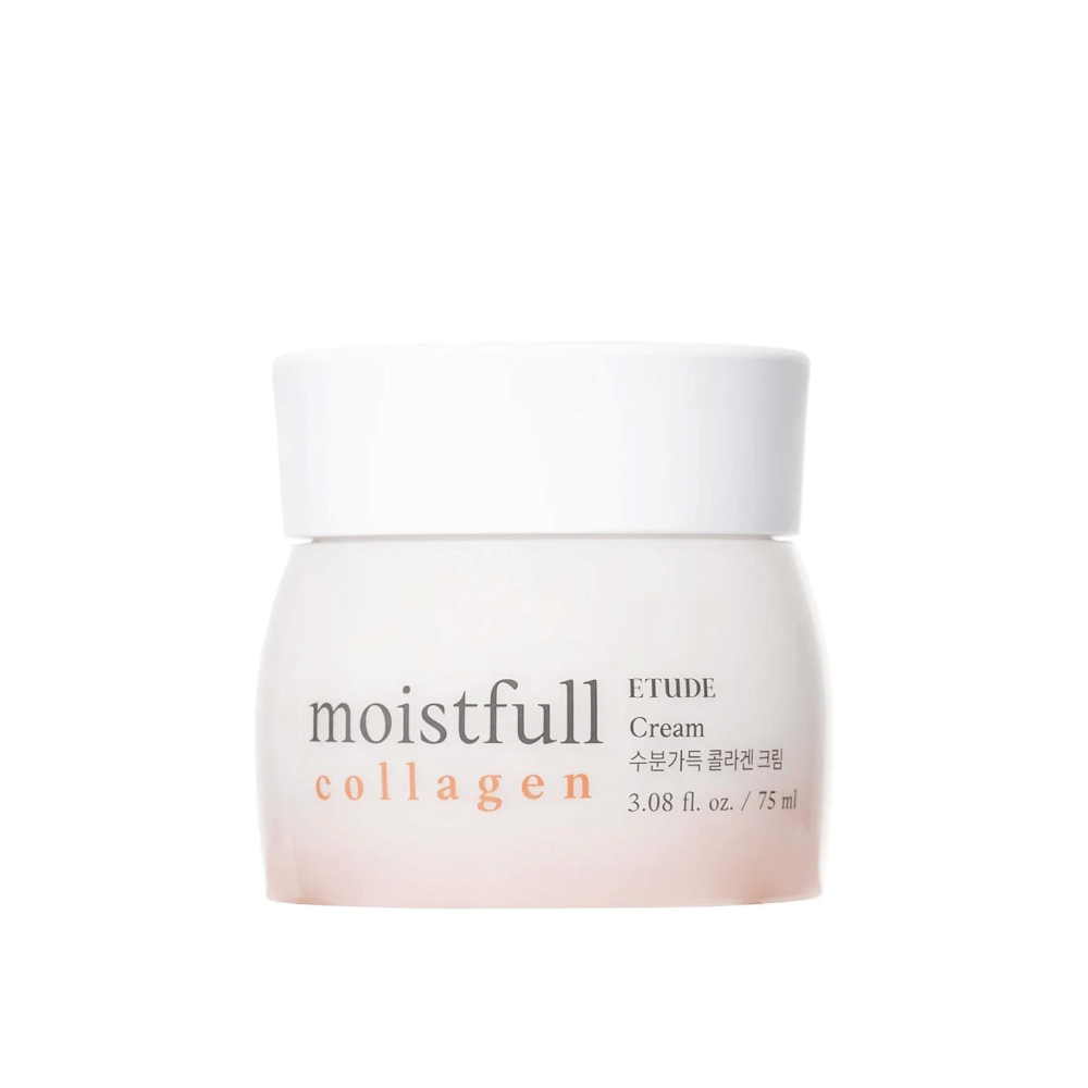 Un frasco con "Moistfull Collagen Cream" de ETUDE, fondo blanco.