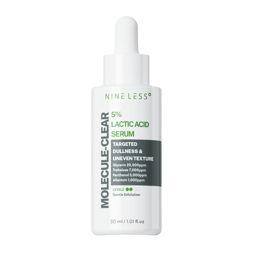 Nine Less Molecule-Clear 5% Lactic Acid Serum en botella blanca con pipeta, diseñada para igualar la textura desigual de la piel y proporcionar una exfoliación suave. Tamaño 30 ml.