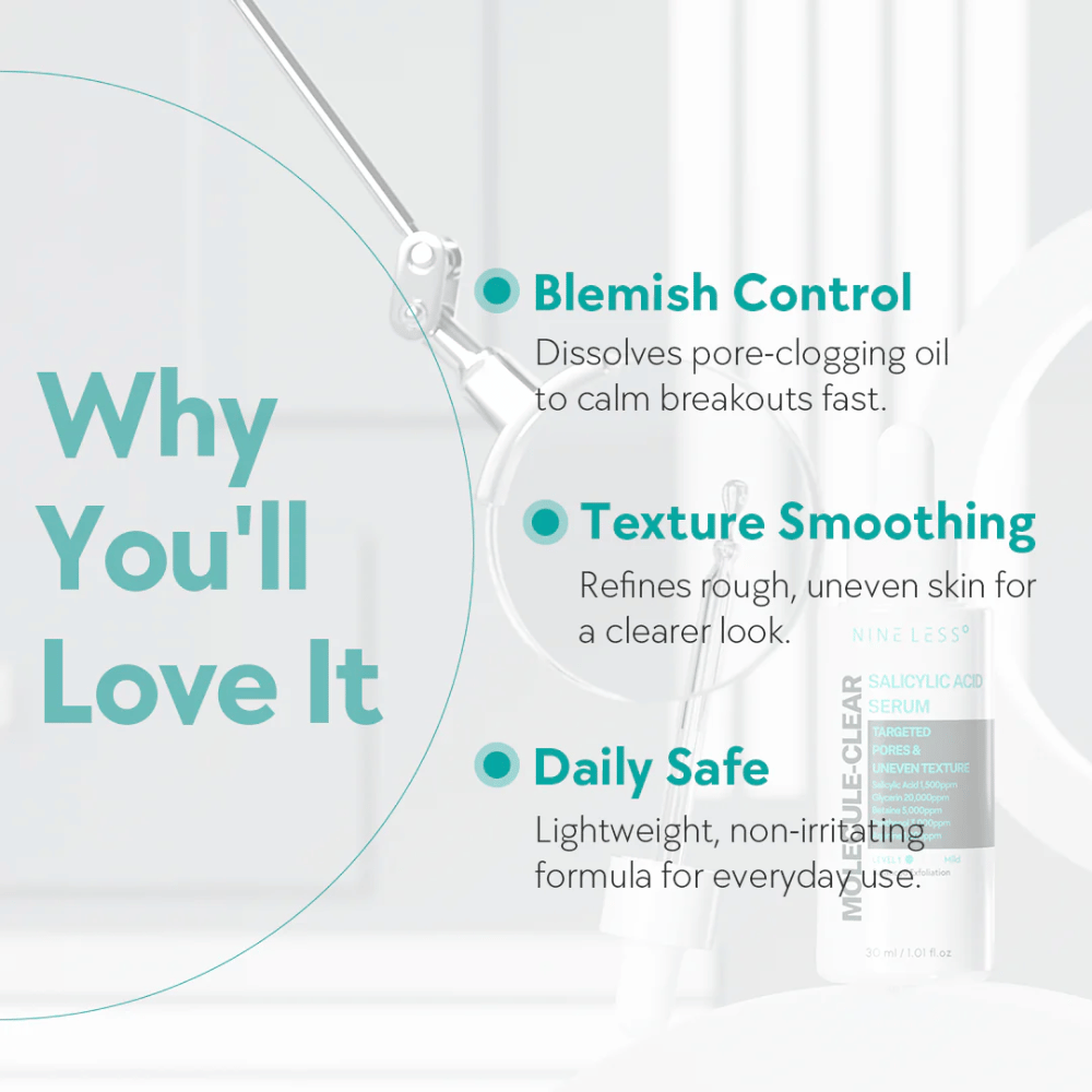 Beneficios de Nineless Molecule-Clear Salicylic Acid Serum: controla el acné disolviendo poros, suaviza la textura de la piel y es seguro para uso diario.