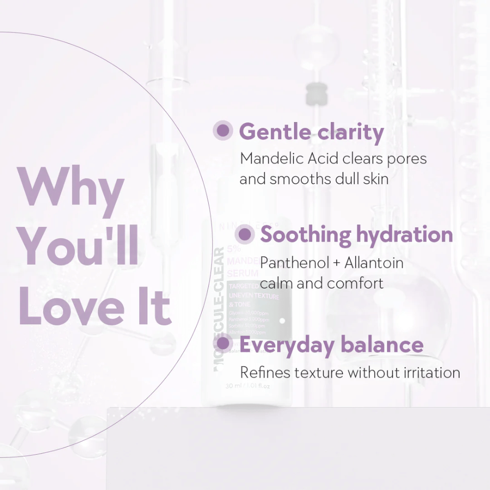 Gráfico con texto que explica los beneficios de Nine Less Molecule-Clear 5% Mandelic Acid Serum: claridad suave, hidratación calmante y equilibrio diario para la piel.