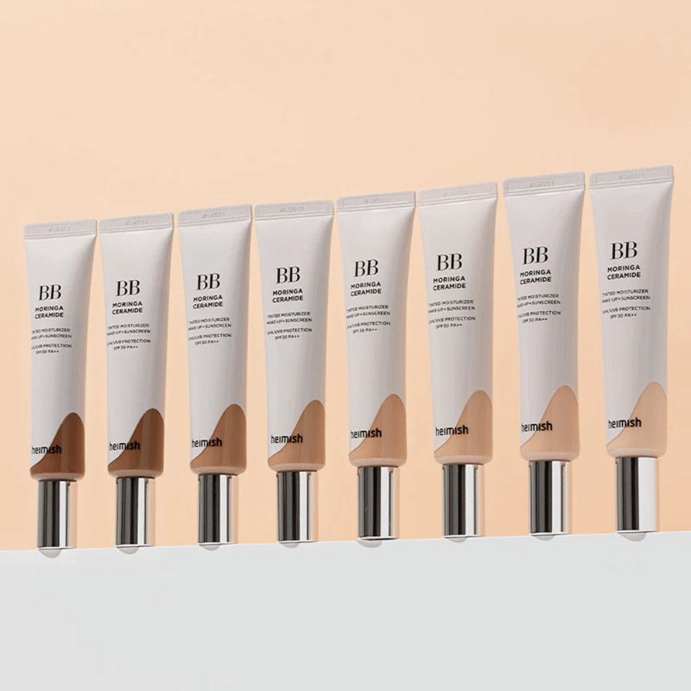 Fila de Heimish Moringa Ceramide BB Cream en varios tonos de color. La imagen ilustra la variación desde tonos más claros hasta más oscuros para adaptarse a diferentes tonos de piel y necesidades.