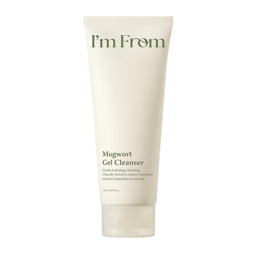 I'm From Mugwort Gel Cleanser 150 ml, limpiador facial suave e hidratante con artemisa en un tubo beige claro sobre fondo blanco.