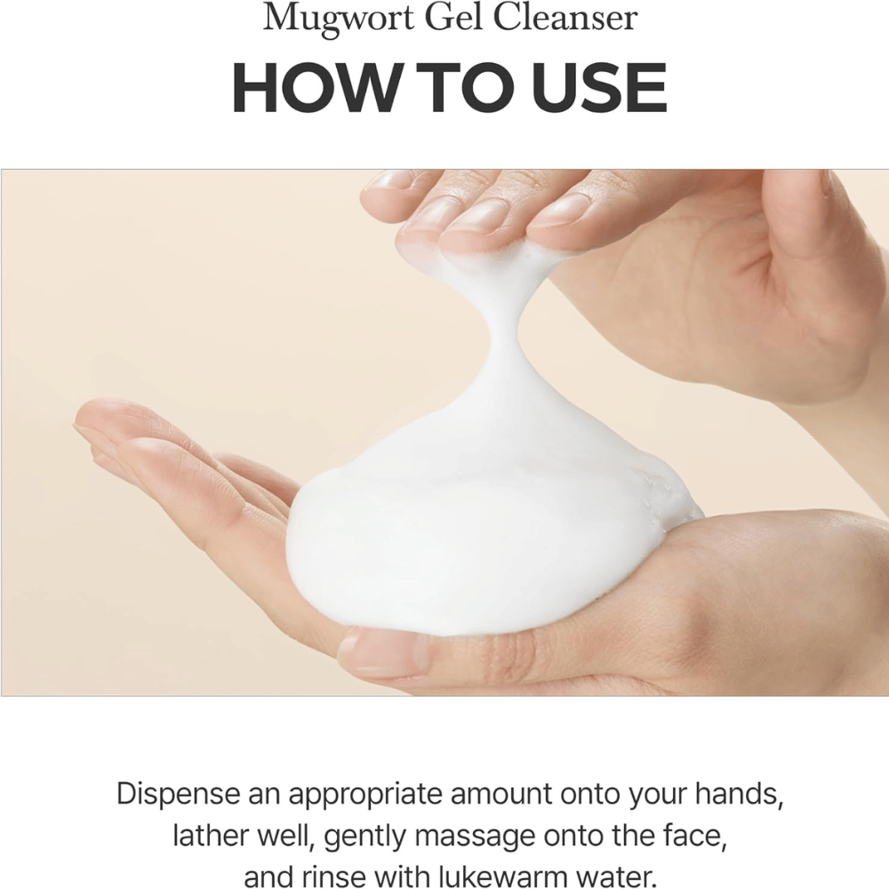 I'm From Mugwort Gel Cleanser 150 ml con instrucciones de uso. Las manos muestran cómo el gel limpiador hace espuma hasta convertirse en una espuma blanca y suave.