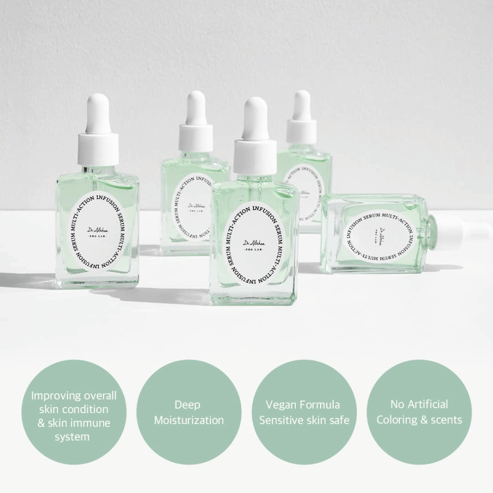 Dr. Althea Multi Action Infusion Serum que fortalece la barrera cutánea, proporciona hidratación profunda, es adecuado para piel sensible y da un brillo natural.