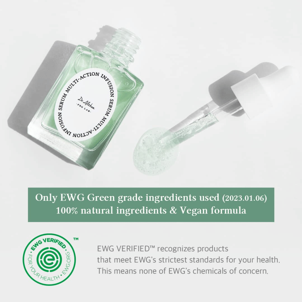 Dr. Althea Multi Action Infusion Serum con fórmula vegana e ingredientes certificados por EWG, suave para piel sensible y sin sustancias dañinas.