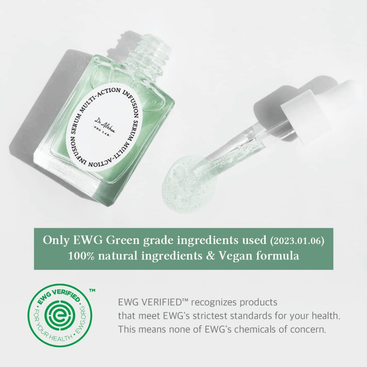 Dr. Althea Multi Action Infusion Serum con fórmula vegana e ingredientes certificados por EWG, suave para piel sensible y sin sustancias dañinas.