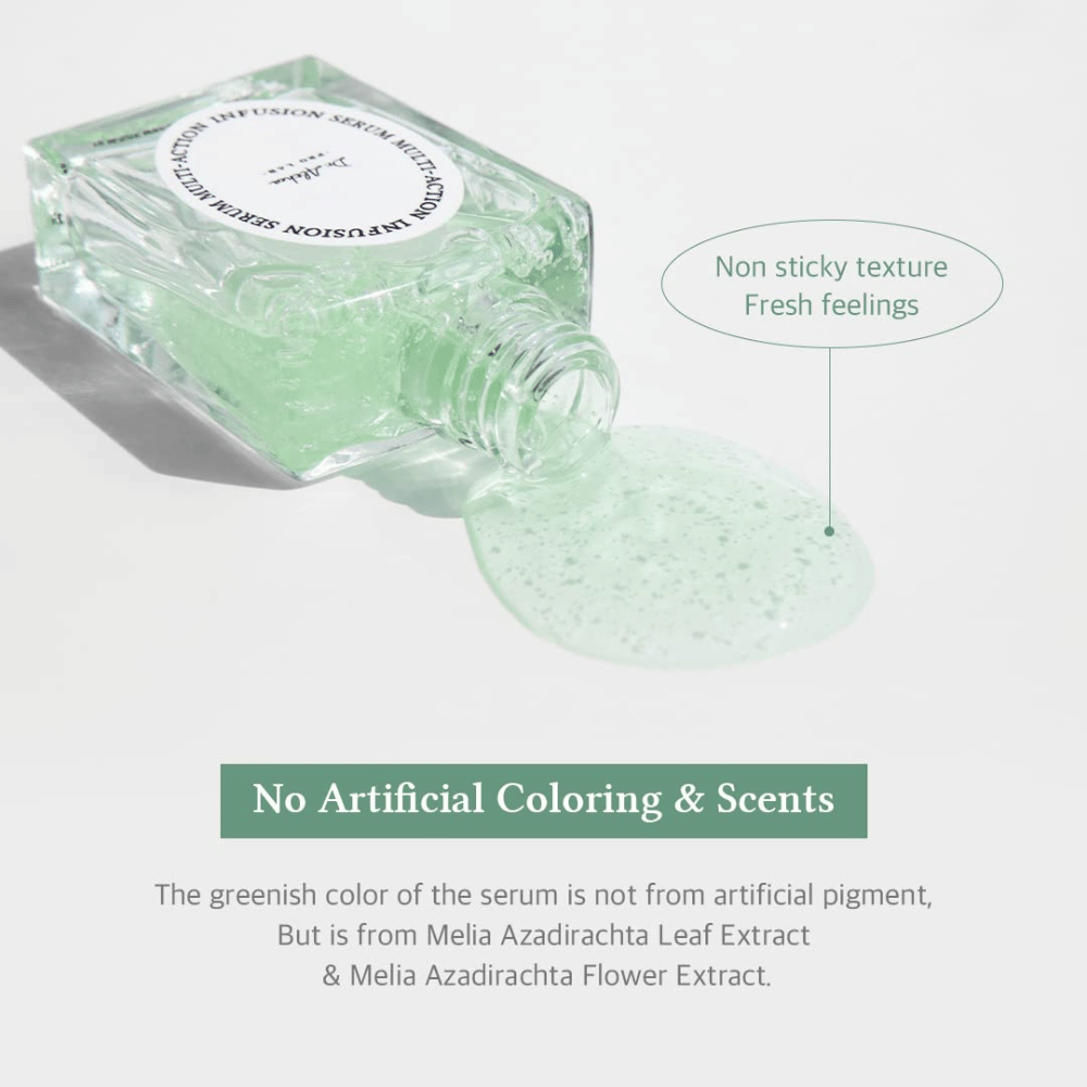 Dr. Althea Multi Action Infusion Serum con textura ligera y fresca sin sensación pegajosa, enriquecido con ingredientes naturales y libre de fragancias.
