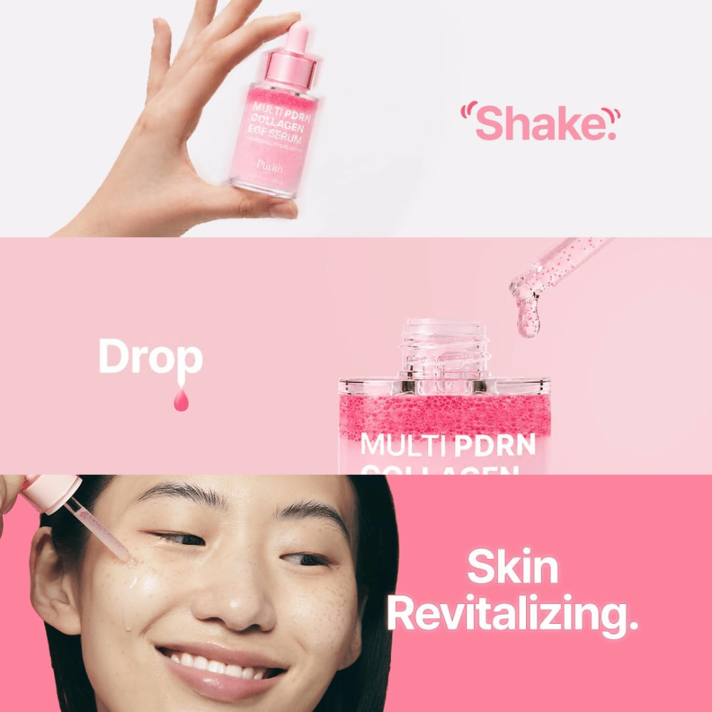 Purito Multi PDRN Collagen EGF Serum – aplicación del sérum rosa para una piel hidratada y revitalizada.