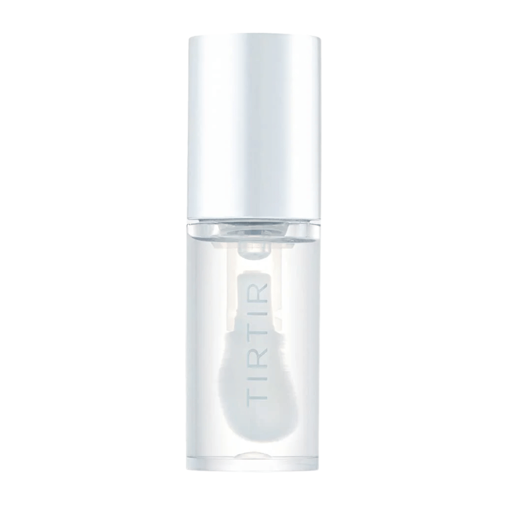 TIRTIR My Glow Lip Oil en botella transparente con tapa blanca y diseño minimalista, recortada sobre fondo blanco.